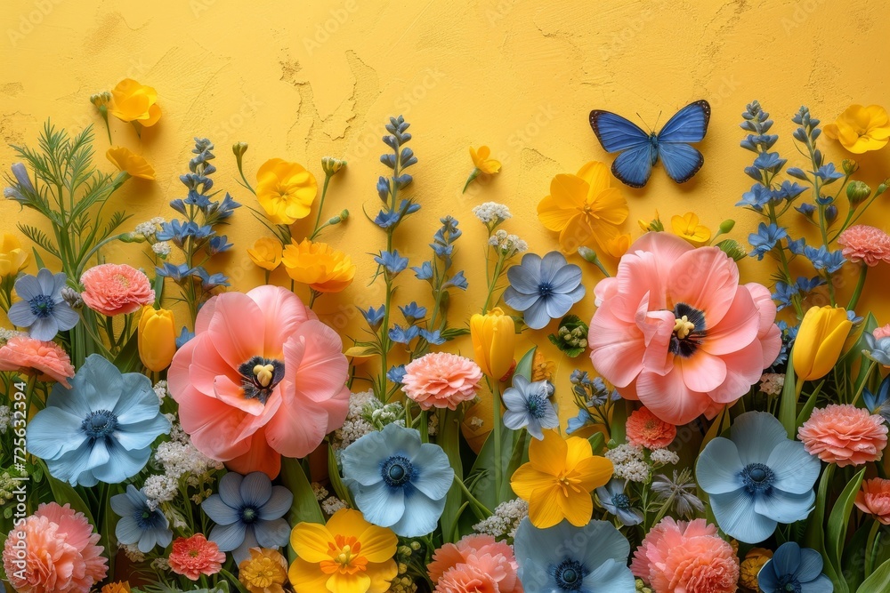 Wall mural A vibrant bunch of various flowers arranged in front of a solid wall.