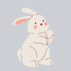 Standing rabbit on blue background. White Easter bunny. Cute animal character