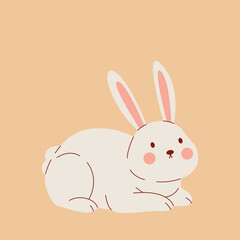 White Easter bunny. Sitting rabbit. Cute animal character on yellow background