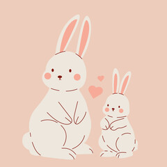Rabbit mother with baby. Bunnies family.