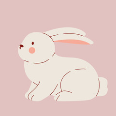 White sitting rabbit on pink background. Easter bunny isolated