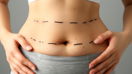 Fototapeta na wymiar Pre surgery dashed lines on woman s belly, highlighting plastic surgery concept on light background.
