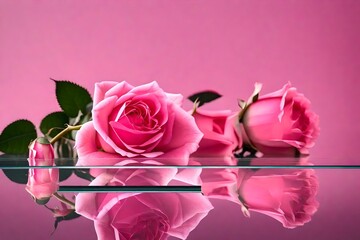 Pink roses on glass table with reflection