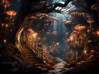 Fantasy landscape with a path in a dark forest. 3d illustration