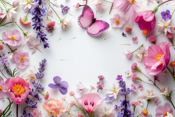 A vibrant collection of flowers and butterflies arranged on a clean white frame background.