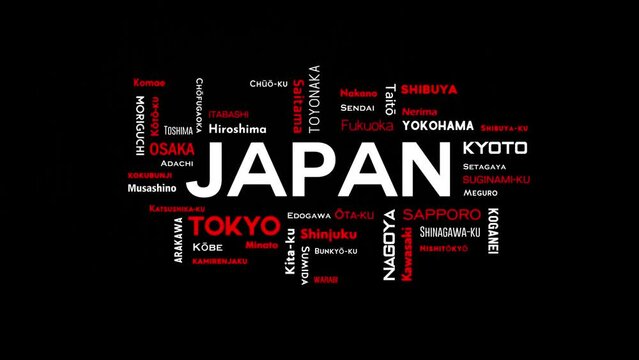 Typographic animation of the text Japan along with the name of the city