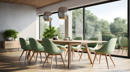 Interior design of modern dining room, wooden table and chairs 3d rendering - obrazy, fototapety, plakaty