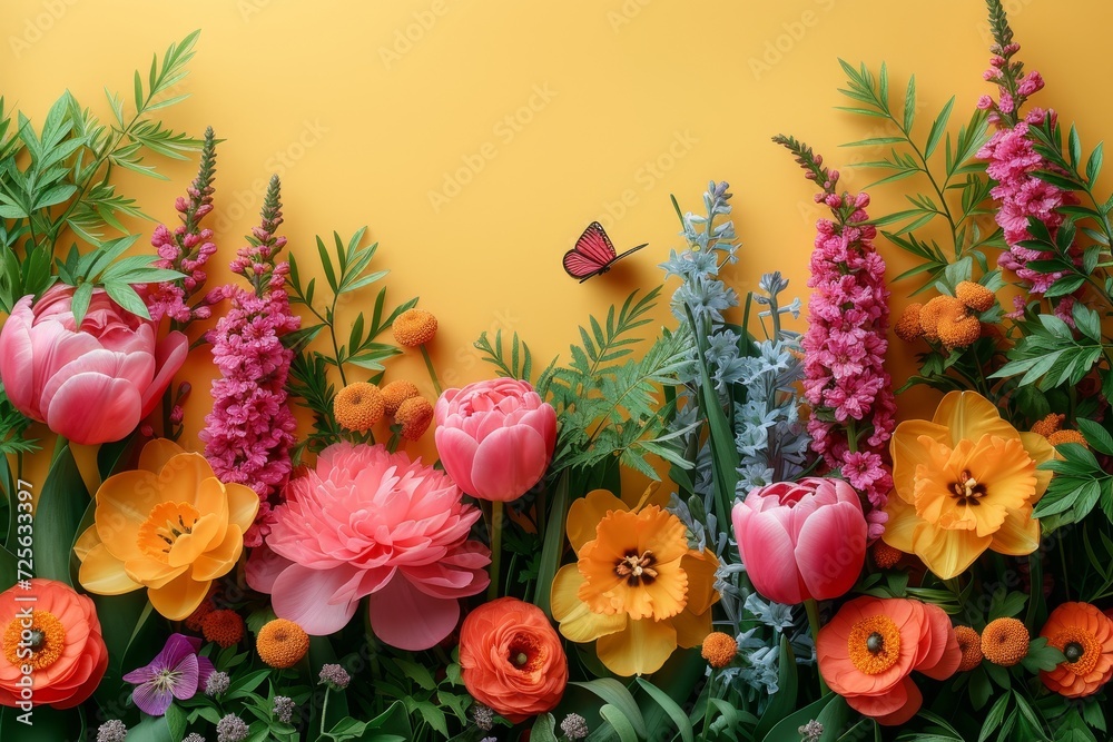 Poster A vibrant cluster of assorted flowers arranged next to a solid wall.