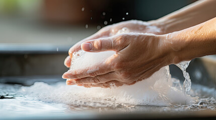 Fototapeta premium people wash their hands with liquid soap and water until thick foam forms in the sink