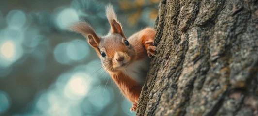 Fotobehang Wildlife animal photography background - Sweet crazy red squirrel (sciurus vulgaris) on a tree trunk in the forest © Corri Seizinger