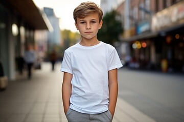 portrait of a boy in a white t-shirt on the street