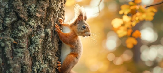 Fototapeta premium Wildlife animal photography background - Sweet crazy red squirrel (sciurus vulgaris) on a tree trunk in the forest