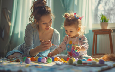 mama z dzieckiem wspólnie spędzają czas na malowaniu pisanek wielkanocnych