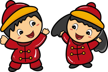 Cartoon children in traditional Chinese costume, Lunar new year decoration element, PNG file no background