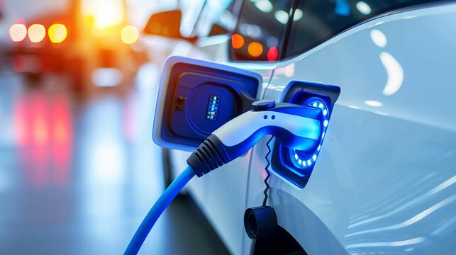 Electric car charging at station with plugged power cable   infrastructure for ev vehicle in city