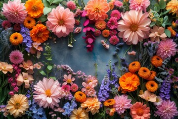 Easter flowers frame with copy space. Colorful mix with hyacinths, Pansies violets,  tulips, daffodils, peonies, ranunculus  blooms on blue background