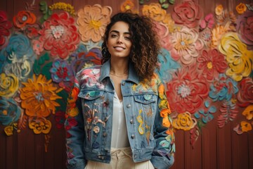 Fototapeta premium Woman in denim jacket with colorful hand painted graffiti flowers, close up