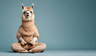 Obraz premium Calm looking alpaca or llama wearing simple clothes, sitting on ground in lotus like position. Zen meditation concept. Banner with space for text at side. Generative AI 