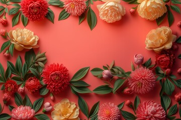 A collection of red yellow flowers arranged together and situated beside frame