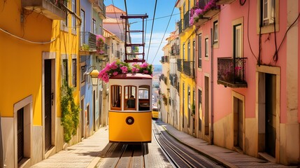 Lisbon, Portugal - Yellow tran on a street with colorful houses and flowers on the balconies - Bica Elevator going down the hill of Chiado.