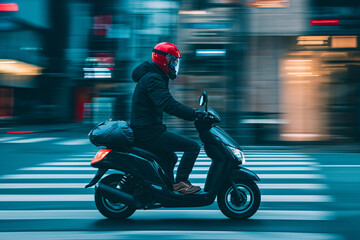 scooter rider in red helmet with black hat and gloves driving down street in city scene
