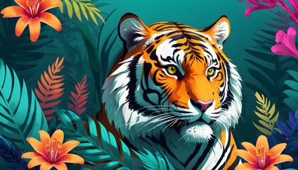 Obraz premium Majestic Tiger Illustrated Against a Lush Floral Background in Vibrant Colors