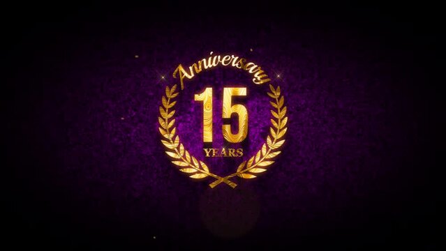 Luxury 15 years Anniversary Laurel Wreath Label Gold Texture Glitter Dust Reveal On Dark Purple Shiny Micro Turbulence Waves Grainy Pattern Texture Effect Background