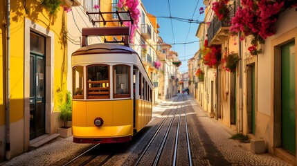 Lisbon, Portugal - Yellow tran on a street with colorful houses and flowers on the balconies - Bica Elevator going down the hill of Chiado. - obrazy, fototapety, plakaty