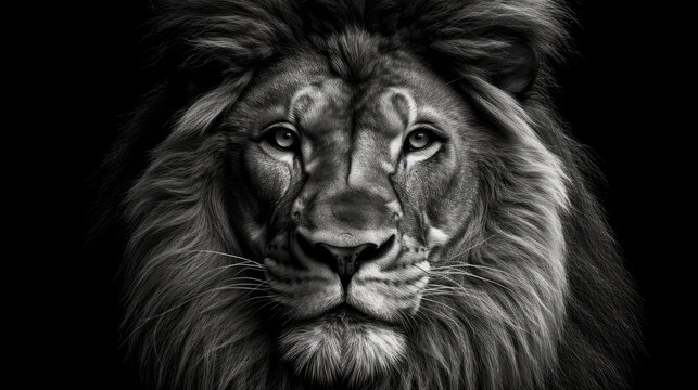 black and white portrait of the face and head of a pride of lions with high contrast front view