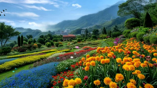 Spring scenery, in a field of colorful flowers with green leaves there are houses ,in the morning Seamless looping time-lapse 4k animation video b iniackground Generated AI
