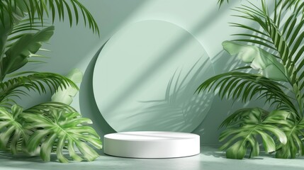 Fototapeta premium podium tropical leaves. Product podium scene design to showcase your product