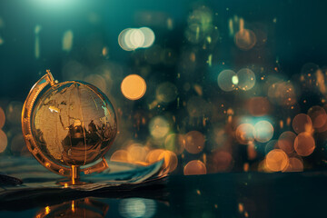 golden globe on the top of money with bokeh background
