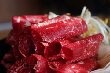 Raw red meat for shabu-shabu is thinly sliced and rolled into a round shape.