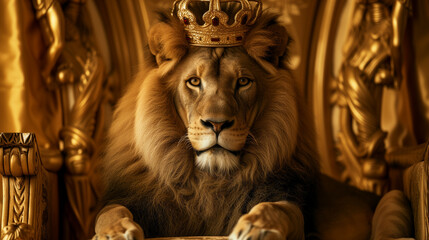 portrait proud lion staring right at the camera with intense powerful eyes, wearing king's robe and gold crown sitting on the huge throne, gold background