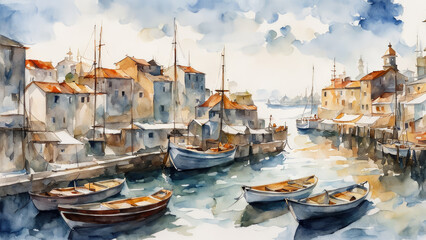 Boats at the harbor, light watercolor, white background. - obrazy, fototapety, plakaty