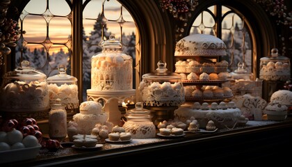 A wide shot of a lot of different cakes on display in a shop window - obrazy, fototapety, plakaty