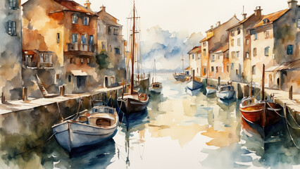 Boats at the harbor, light watercolor, white background.