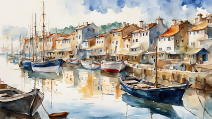 Boats at the harbor, light watercolor, white background.