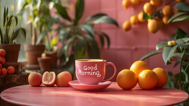 Good Morning text word minimalist mockup background wallpaper, colorful happy healthy breakfast concept 