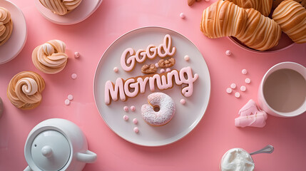 Good Morning text word minimalist mockup background wallpaper, colorful happy breakfast concept 