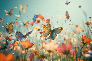 colorful butterflies sitting on a flower meadow surrounded by colorful flowers