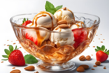 Ice cream scoops with strawberries, nuts and caramel in transparent glass vase. Fresh strawberries and almonds on the table.