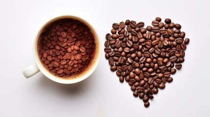Obraz premium top view of roasted espresso coffee beans and heart shaped white coffee cup on white background 
