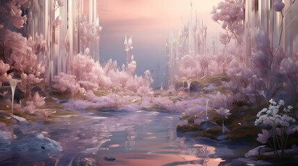 Fantasy landscape with trees in the water. 3d render.