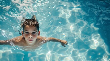 Generative AI : child boy swimmer wearing cap and goggles in a swimming underwater training In the Pool