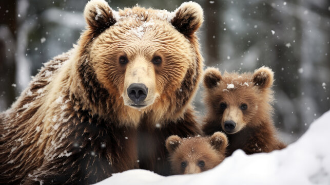 mother brown grizzly bear with her two cubs in a snowy winter created with Generative AI Technology