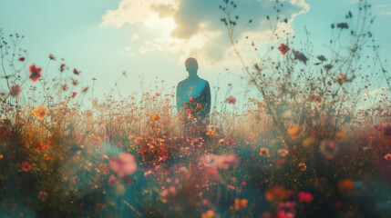 Dreamlike image of a person in the field full of colorful flowers