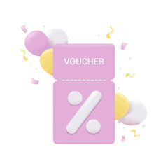 3D Voucher Gift, Discount Coupon. Festive Special Offer. Cartoon Minimal Style. Trendy Vector Realistic Illustration.