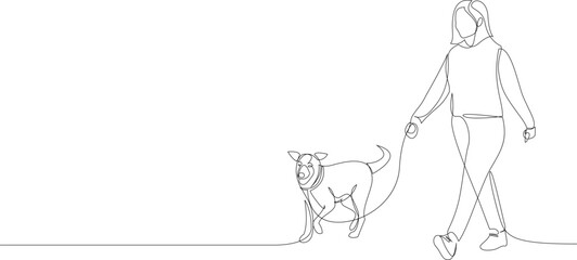 Continuous line drawing of woman walking with a dog on a leash. One line art style vector illustration.