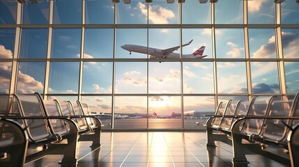 Generative AI : 3D Rendering : illustration of at airport terminal. view from airport looked out. big window glass. airplane flying on blue sky background.  - Powered by Adobe